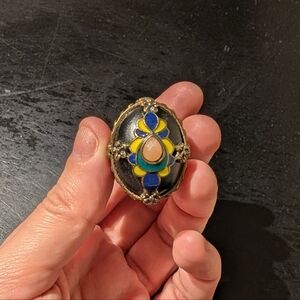 Gold-Tone Multicolor Enamel Statement Ring - Yellow, Blue, Green